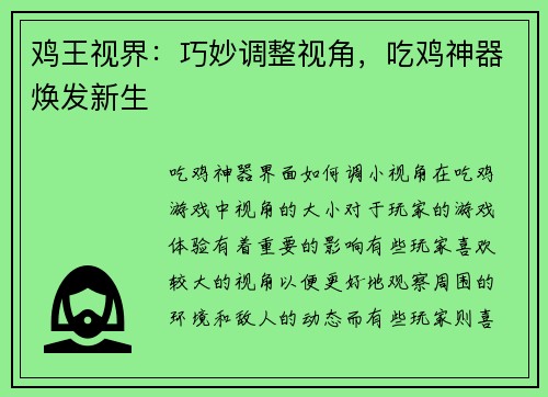 鸡王视界：巧妙调整视角，吃鸡神器焕发新生